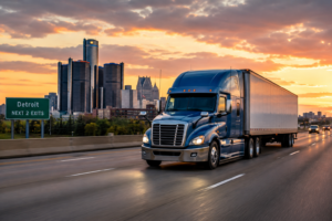 Commercial semi-truck traveling on a Michigan highway near Detroit
