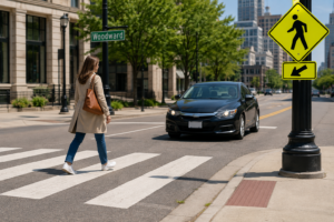 Pedestrian crossing a busy Michigan intersection near oncoming traffic
