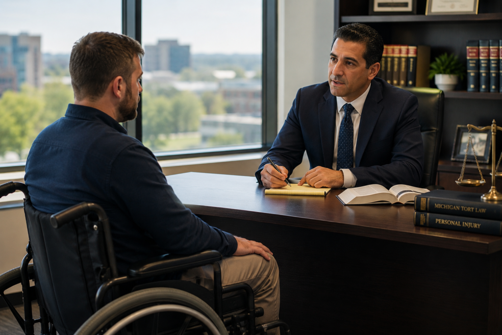 Michigan spinal cord injury lawyer meeting with an injured client
