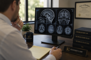 Michigan traumatic brain injury lawyer reviewing brain MRI scans