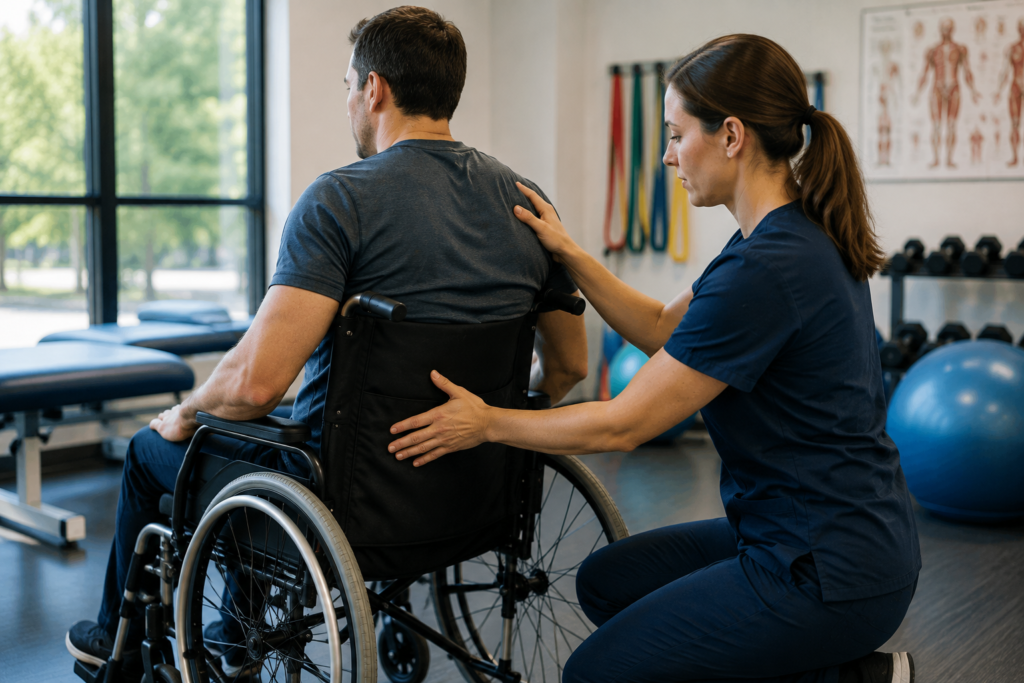 Spinal cord injury patient using a wheelchair during rehabilitation in Sterling Heights, Michigan