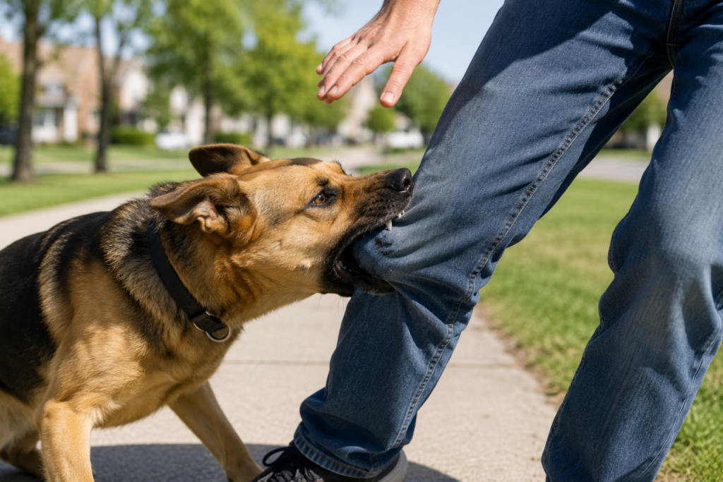 Dog biting a person’s leg in a Sterling Heights neighborhood