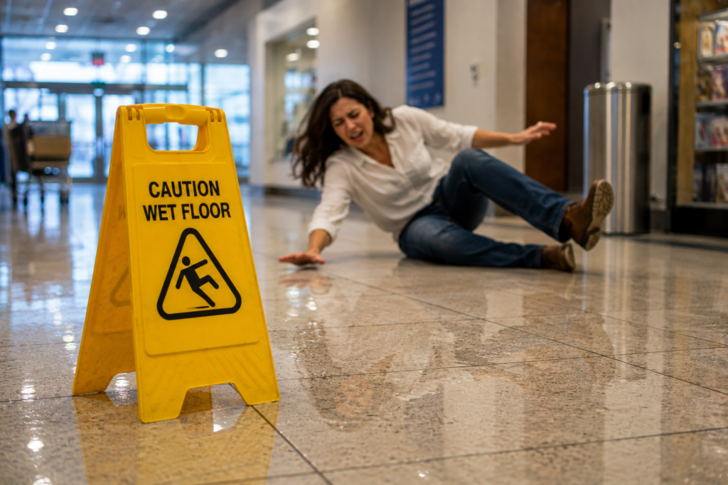Woman slipping on a wet floor inside a Sterling Heights business