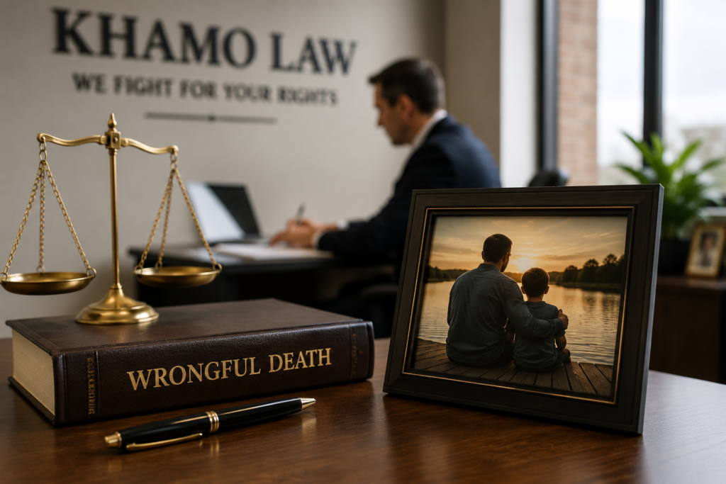 Wrongful death case materials and family photo in a Sterling Heights law office