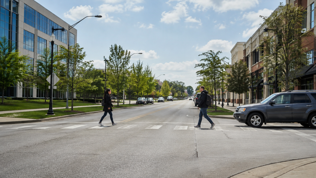 Troy pedestrian accident attorney page showing pedestrians crossing a busy Troy, Michigan roadway