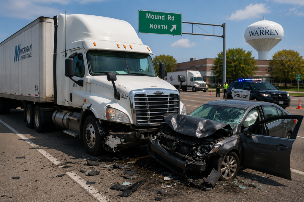Semi-truck and car collision on a Warren, Michigan roadway