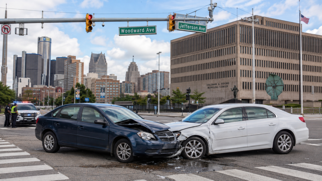 Two-car collision at Woodward Avenue and Jefferson Avenue in downtown Detroit