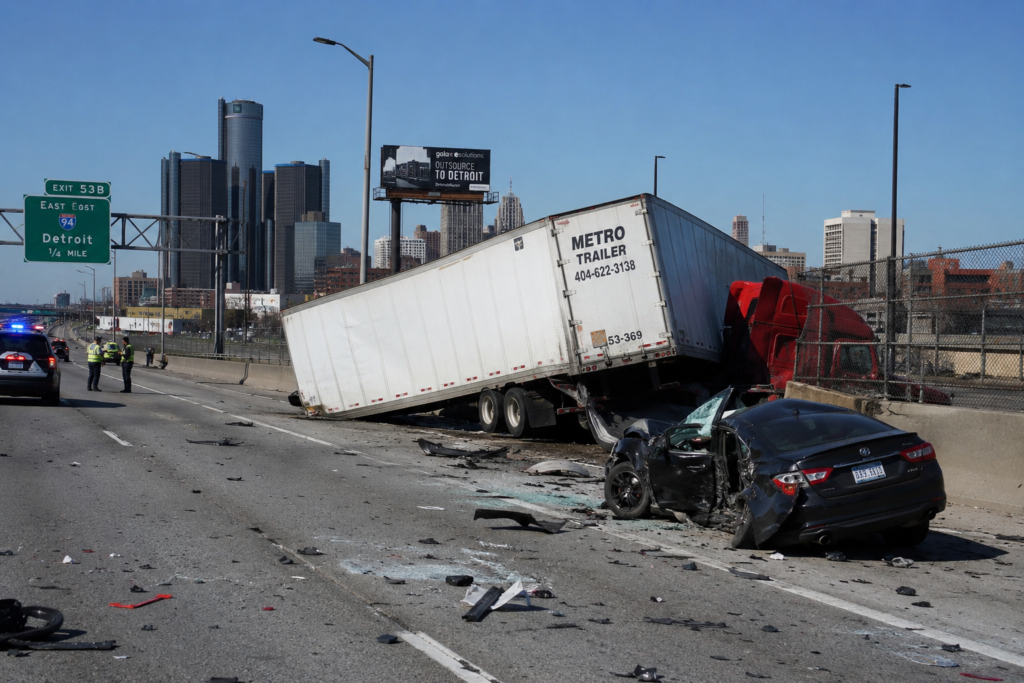 Semi-truck accident on a Detroit freeway with damaged passenger vehicle