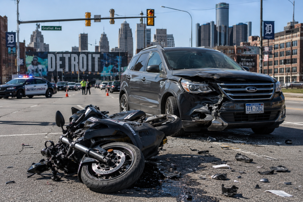 Motorcycle accident with damaged SUV on a Detroit street