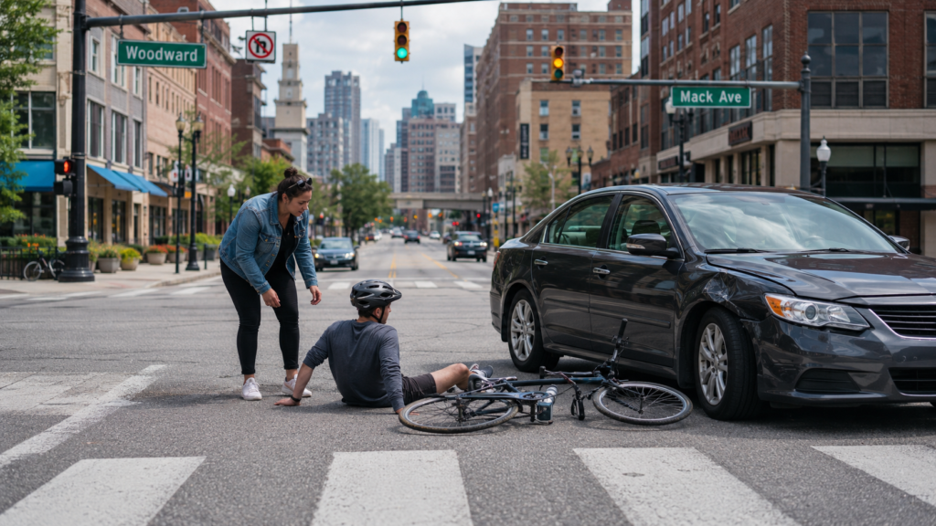 Bicyclist injured in a collision with a car at a Detroit intersection