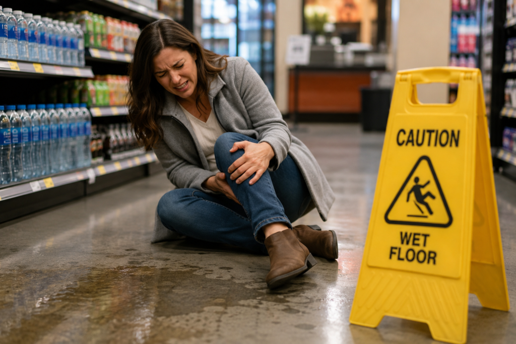 Woman injured after slipping on a wet floor in a store