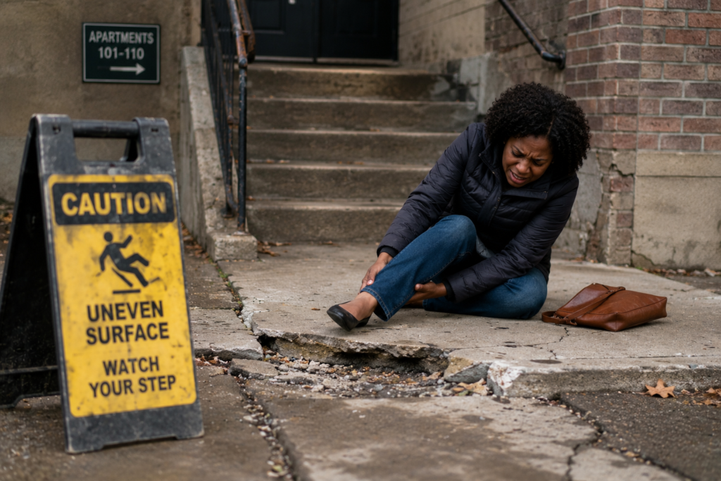 Woman injured on an uneven walkway outside an apartment building