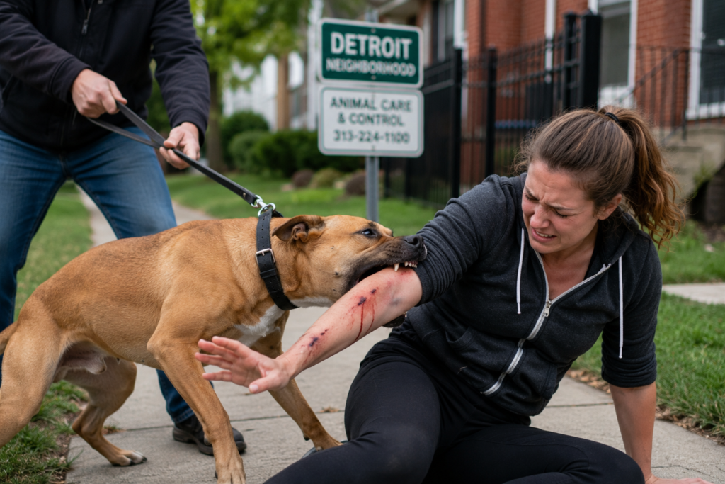 Woman injured in a dog bite attack on a Detroit neighborhood sidewalk