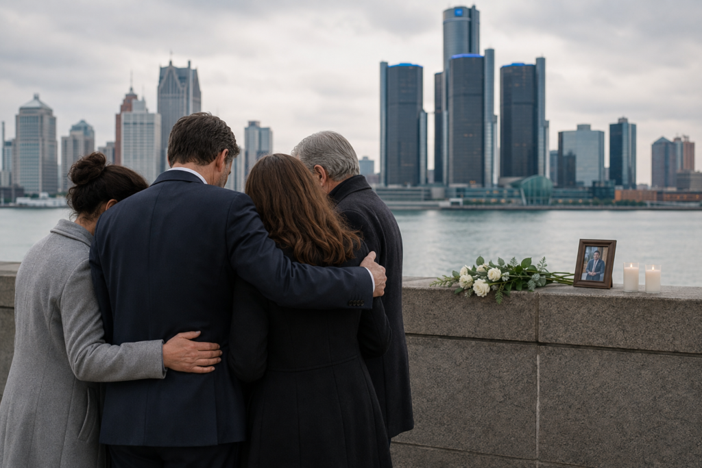 Family mourning a loved one near the Detroit riverfront and skyline