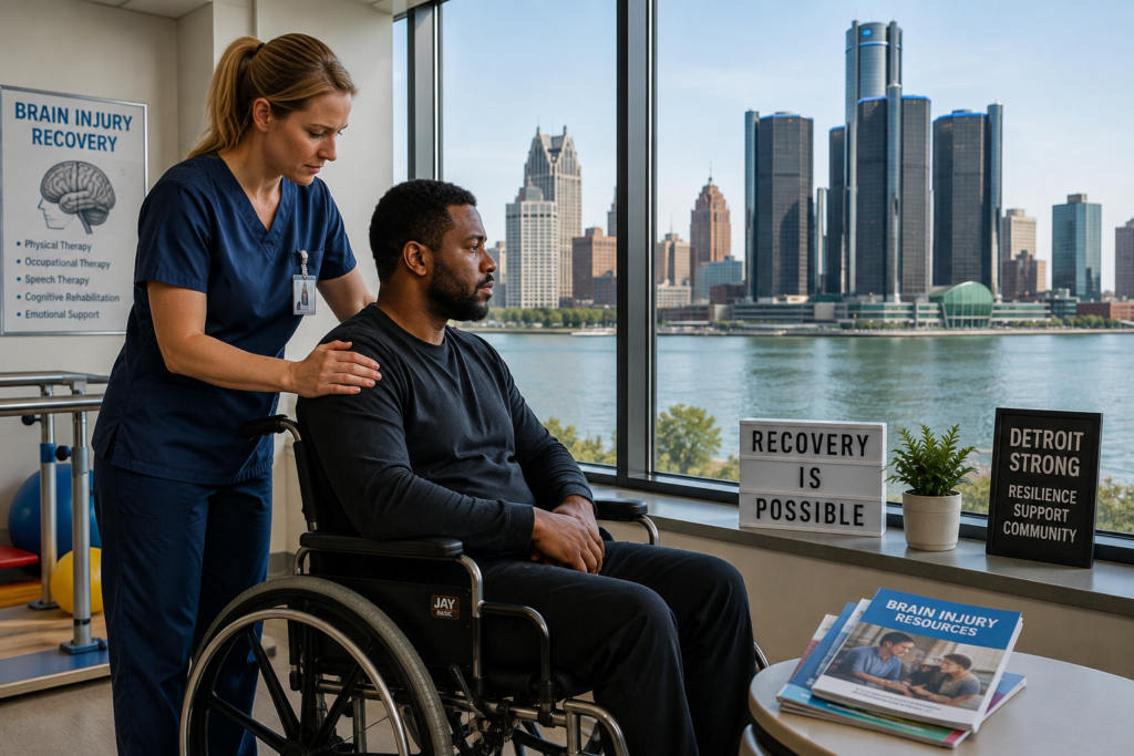 Brain injury patient receiving rehabilitation with the Detroit skyline in the background