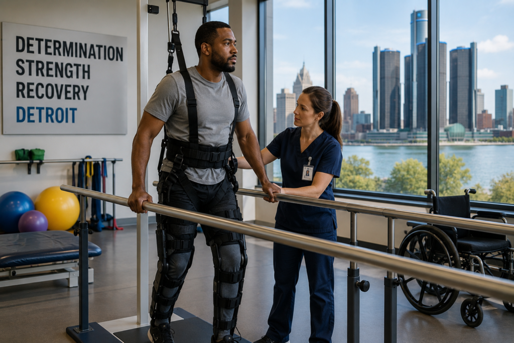 Spinal cord injury patient receiving rehabilitation with the Detroit skyline in the background
