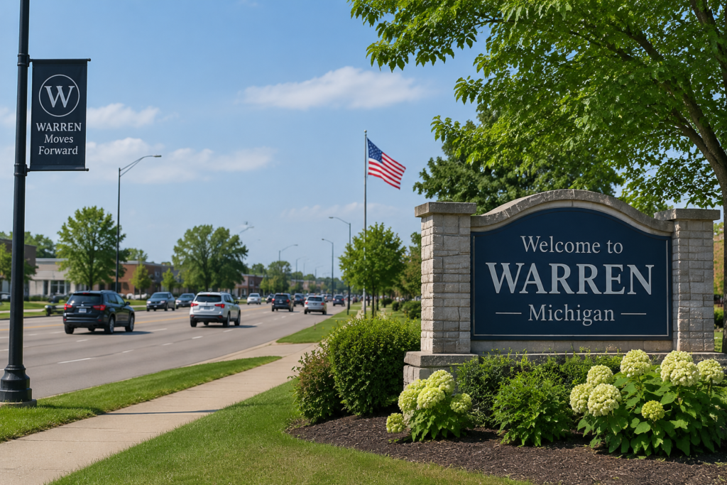 Warren City Hall and welcome sign in Warren, Michigan
