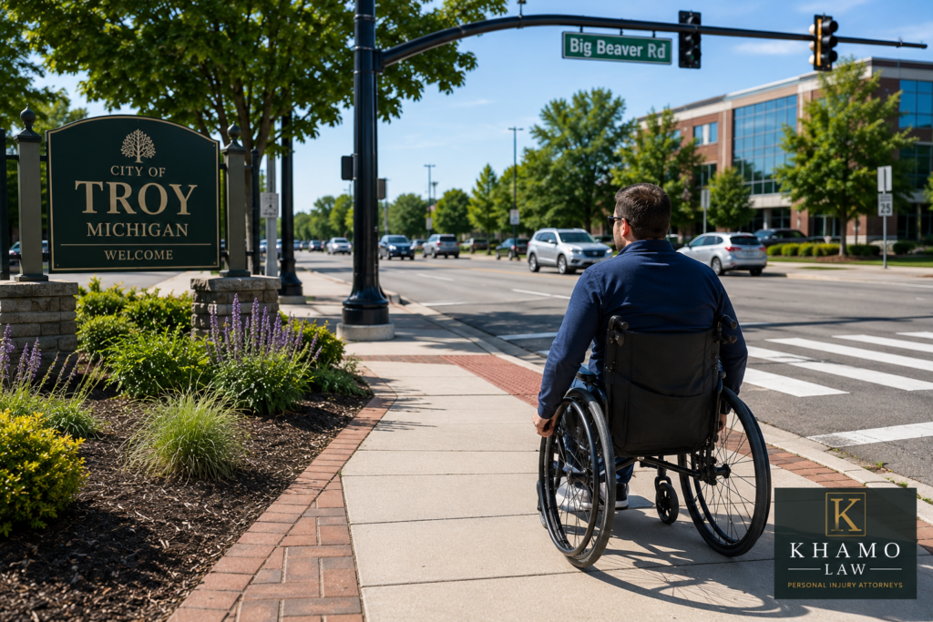 Traffic and pedestrians along a commercial roadway in Troy Michigan