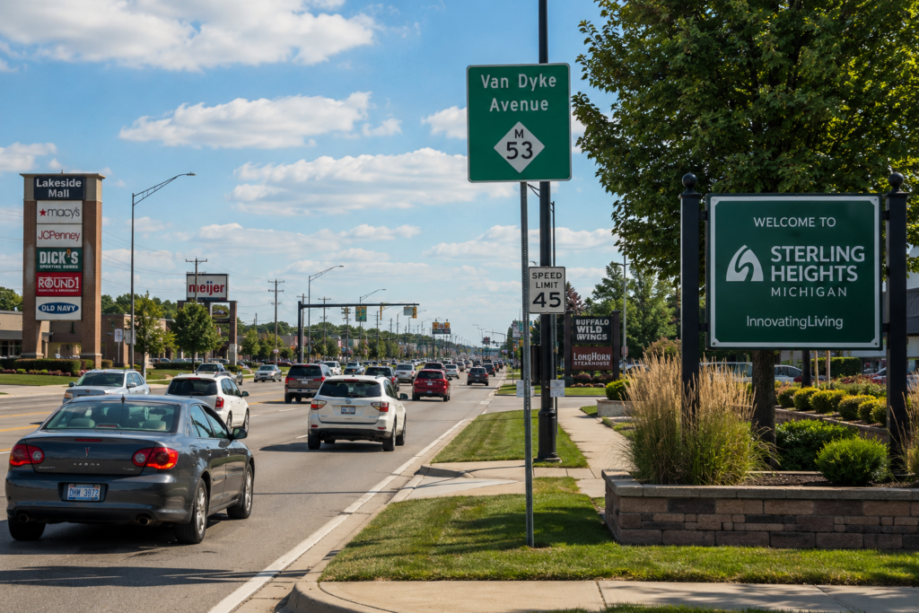 Traffic traveling along Van Dyke Avenue in Sterling Heights Michigan