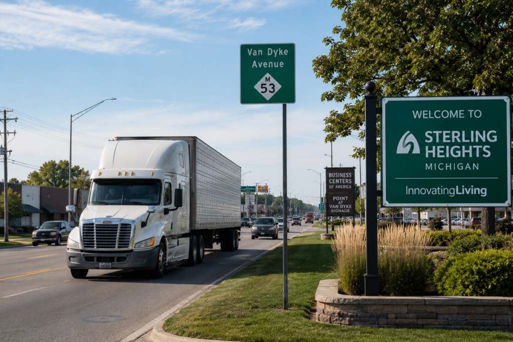 Commercial truck traveling along a major road in Sterling Heights Michigan