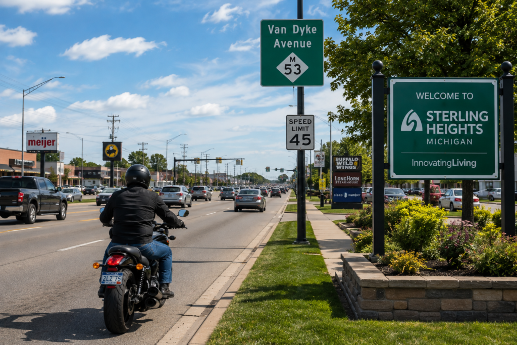 Motorcyclist riding along Van Dyke Avenue in Sterling Heights Michigan