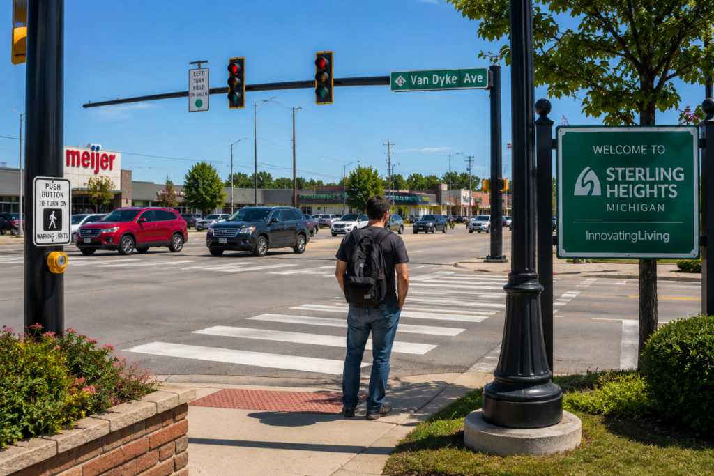 Pedestrian waiting at a crosswalk along Van Dyke Avenue in Sterling Heights Michigan