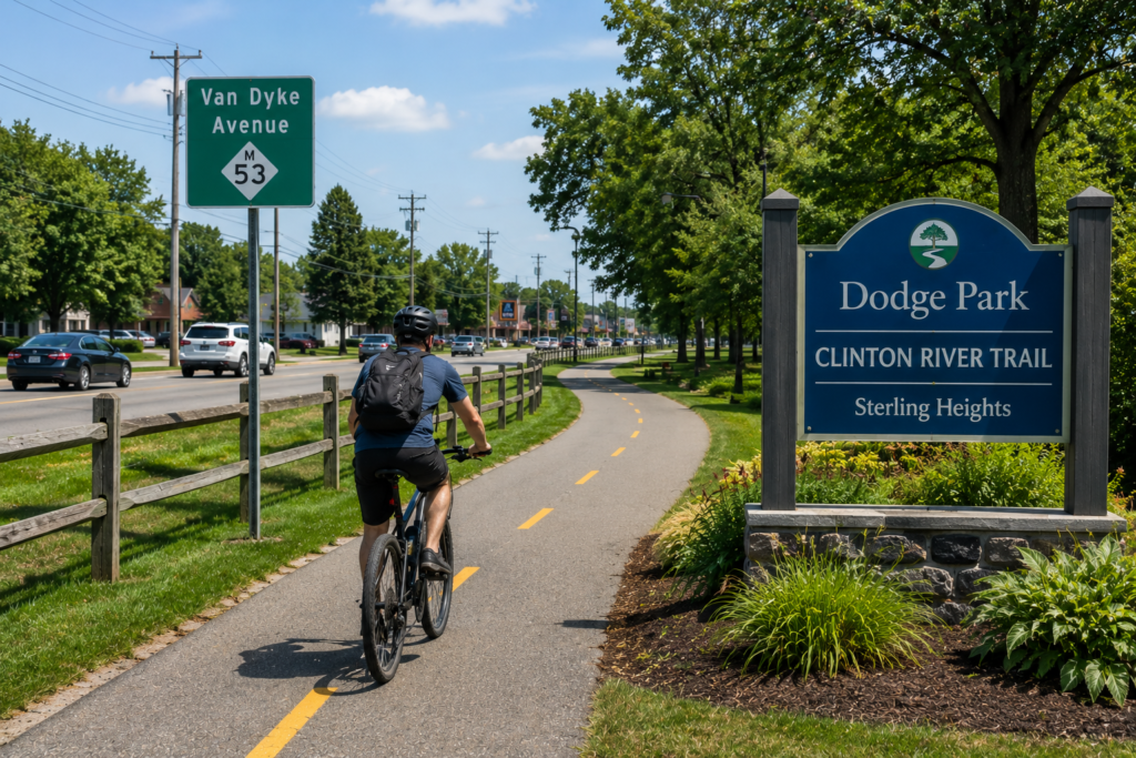 Cyclist riding on a shared-use path in Sterling Heights Michigan