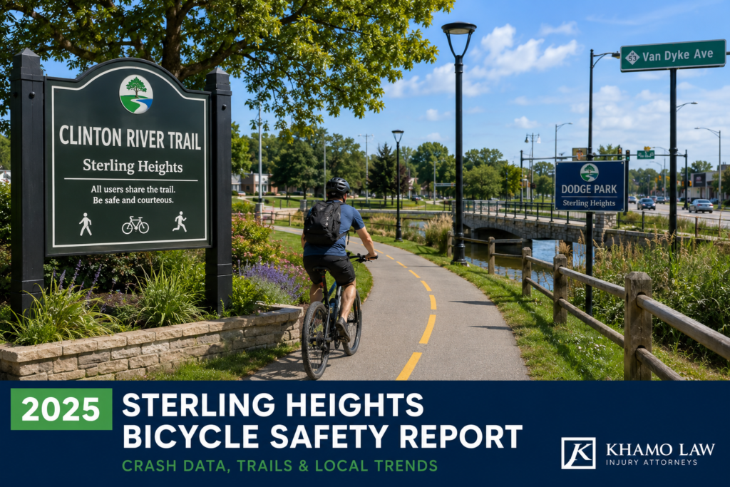 Cyclist riding the Clinton River Trail in Sterling Heights Michigan near Dodge Park