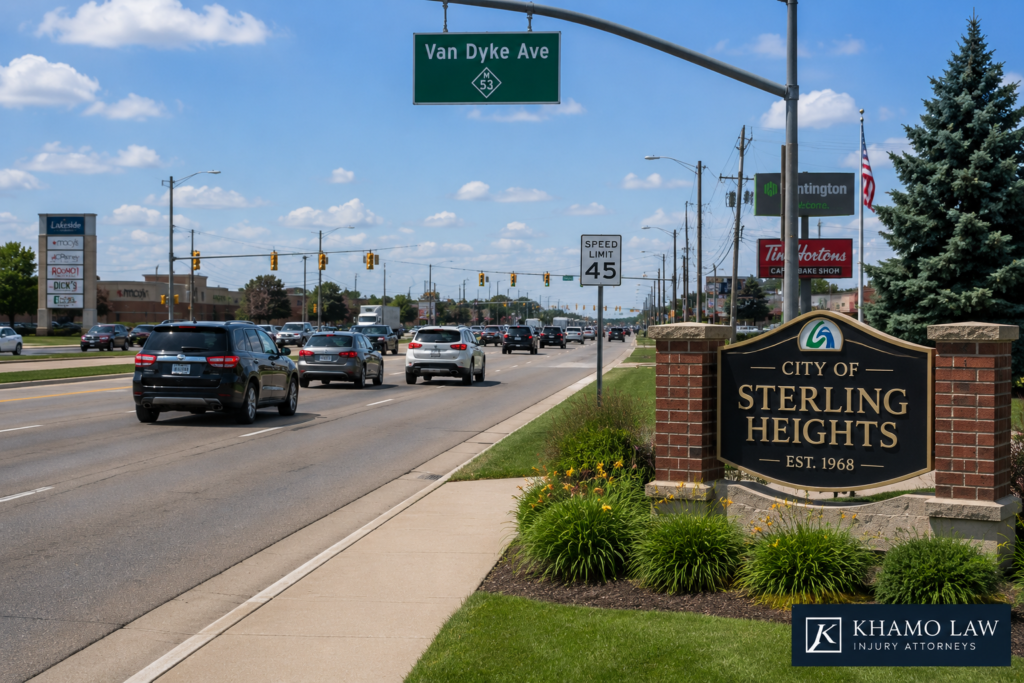 Traffic traveling through a major roadway in Sterling Heights Michigan