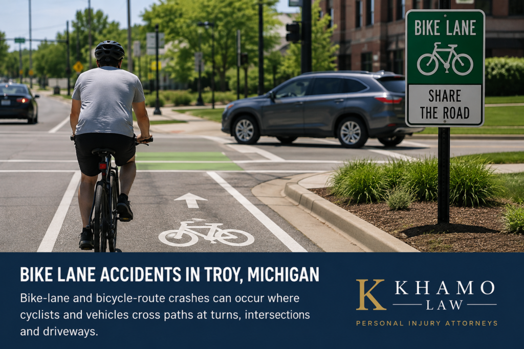 Cyclist riding near a marked traffic lane in Troy Michigan