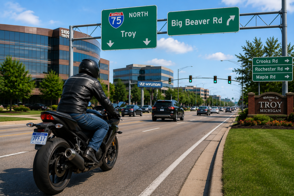 Motorcyclist riding in traffic near Big Beaver Road in Troy Michigan