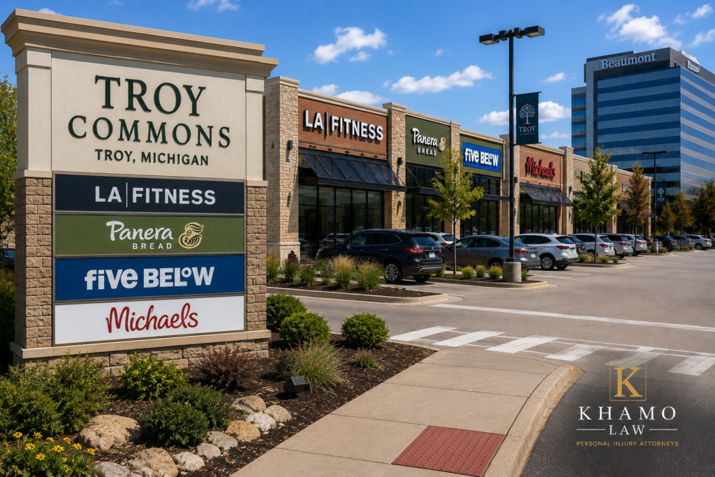 Commercial property walkway in Troy Michigan showing a potential premises safety hazard