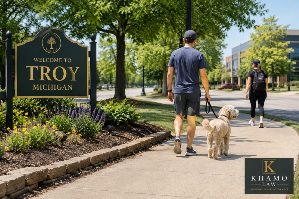 Leashed dog and pedestrians in a public walking area in Troy Michigan