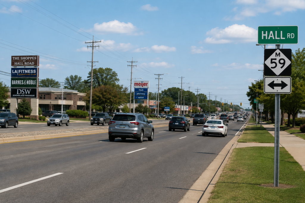 Traffic on Hall Road M-59 in Clinton Township Michigan