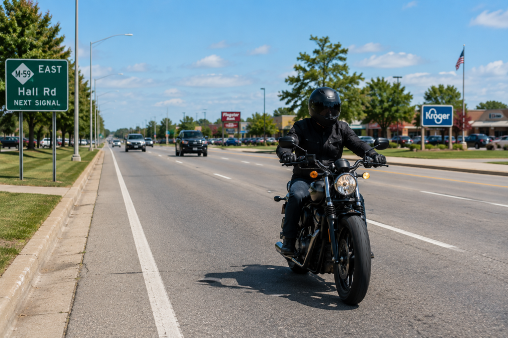 Motorcyclist riding on Hall Road M-59 in Clinton Township Michigan