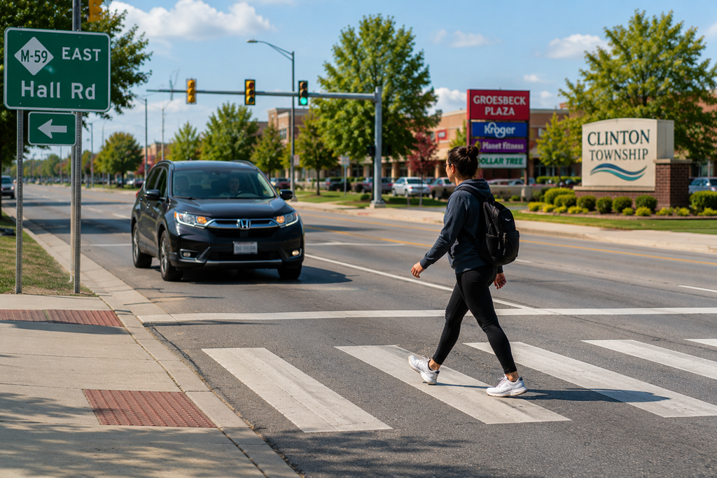 Pedestrian crossing near Hall Road M-59 in Clinton Township Michigan
