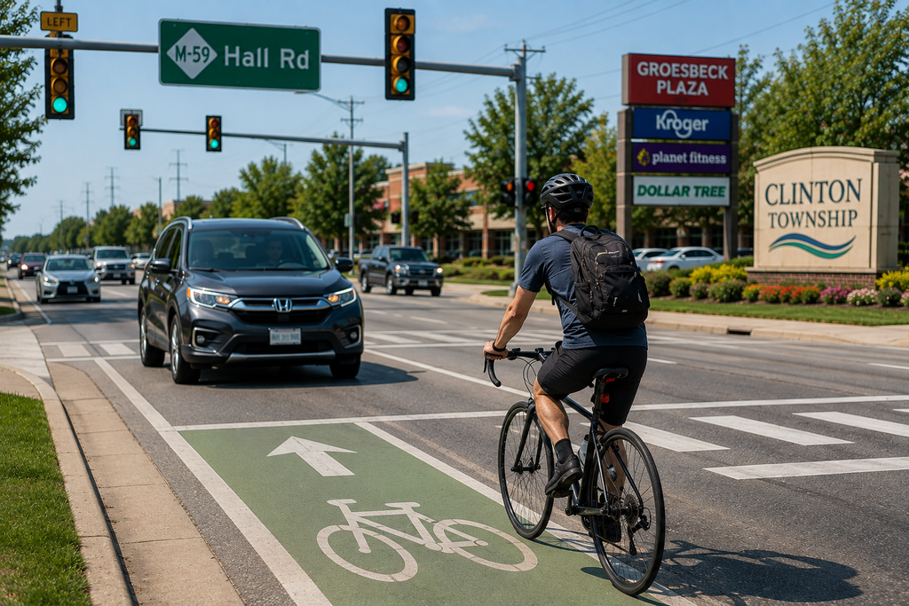 Clinton Township bicycle accident attorney page showing a bicyclist near Hall Road M-59