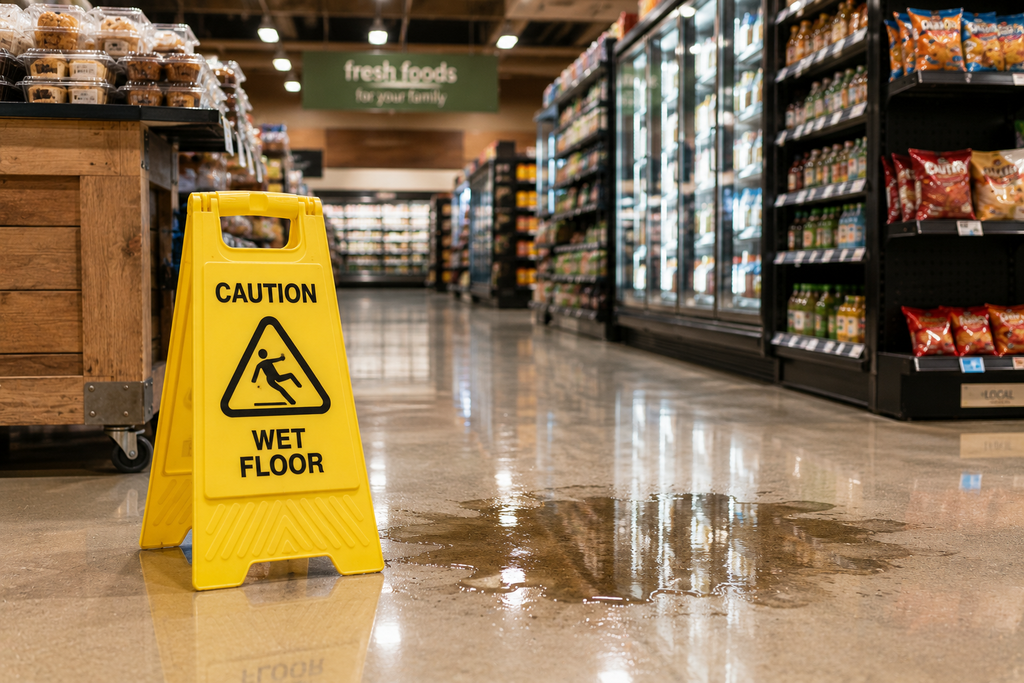 Wet floor warning sign and spill inside a Clinton Township business