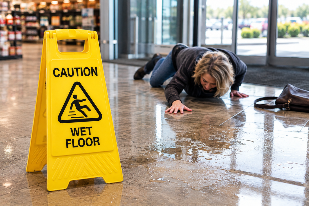 Woman after a slip and fall near a wet floor warning sign inside a Clinton Township business