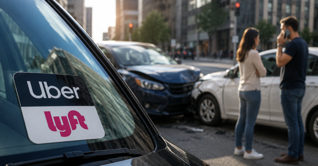 Uber and Lyft sign in a car with two vehicles after an accident in Michigan