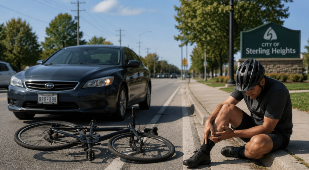 Injured bicyclist after a bicycle accident in Sterling Heights, Michigan