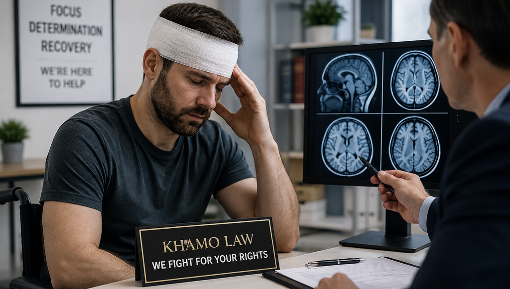 Man discussing a traumatic brain injury with a medical professional while reviewing brain scans