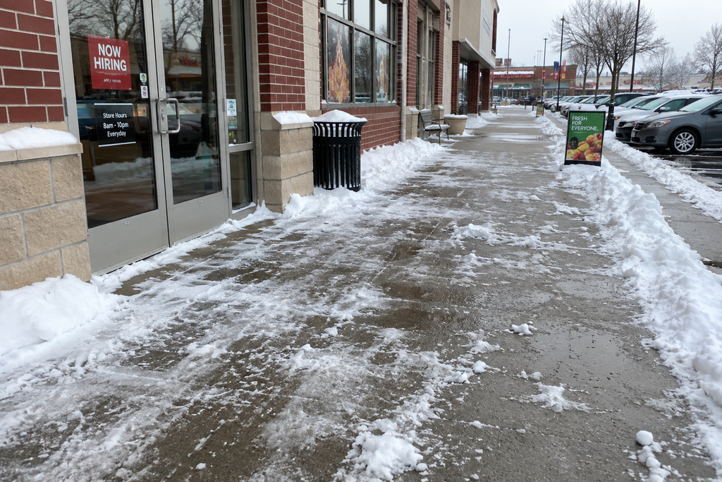 Snow and ice covering part of a commercial sidewalk in Warren, Michigan.
