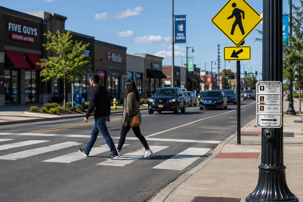 Pedestrians using a marked crosswalk along a commercial roadway in Warren, Michigan