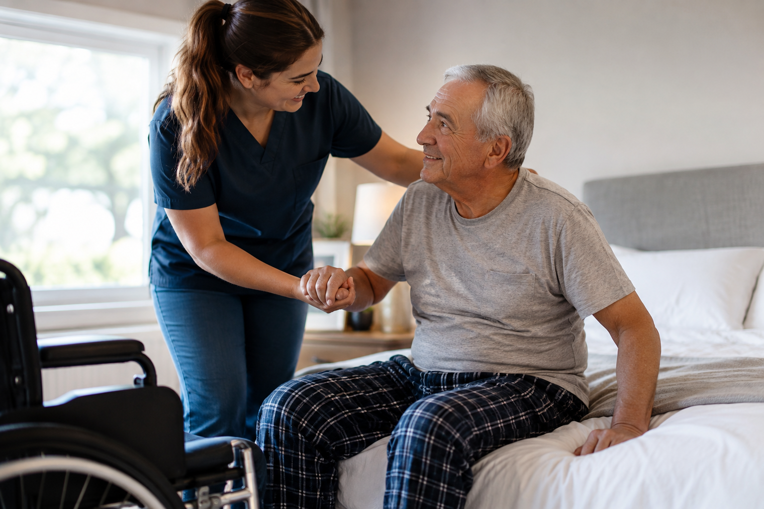 Caregiver assisting an injured man at home with daily activities, illustrating Michigan No-Fault attendant care benefits.