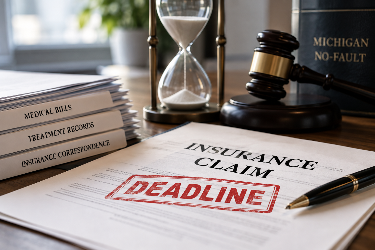 Michigan No-Fault insurance claim documents with a deadline notice, medical bills, treatment records, hourglass, and gavel illustrating the one-year-back rule.