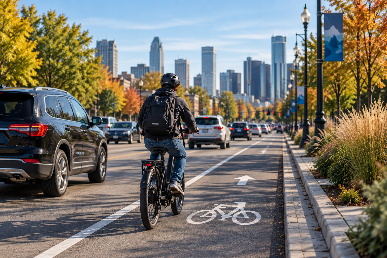 E-bike rider traveling in a bike lane alongside vehicle traffic in Michigan