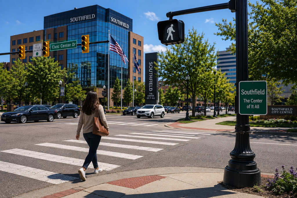 Pedestrian crossing a busy intersection in Southfield Michigan