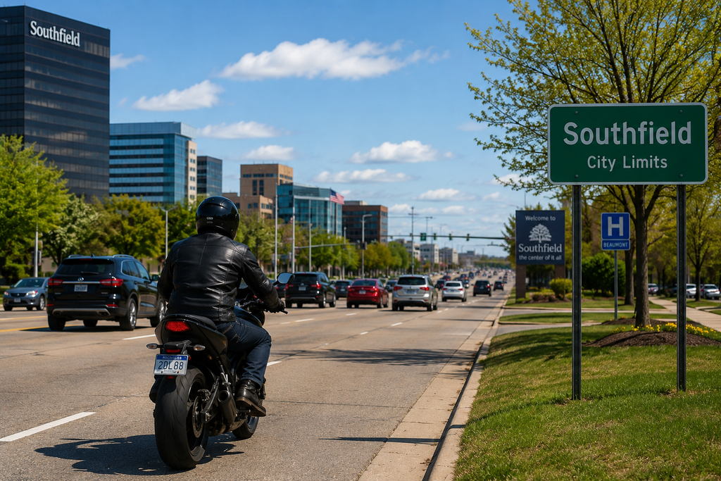 Motorcycle rider traveling on a major roadway in Southfield Michigan