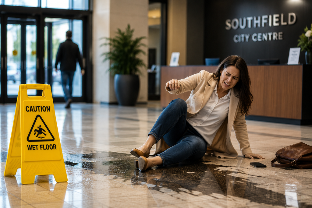 Woman injured after slipping on a wet floor inside a Southfield commercial property